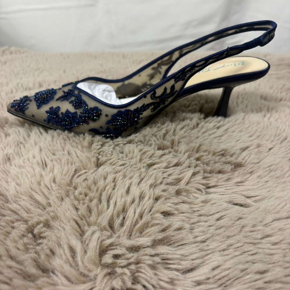 Betsey Johnson SB-NIKKI Navy Blue Beaded Mesh Slingback Kitten Heel Pumps 9M - Picture 4 of 10